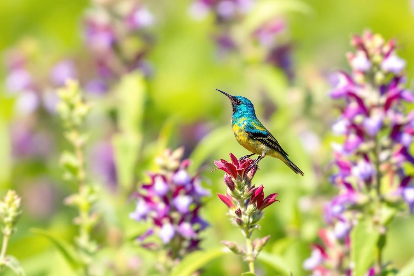 Colibri color&eacute; perch&eacute; sur une fleur rose et verte