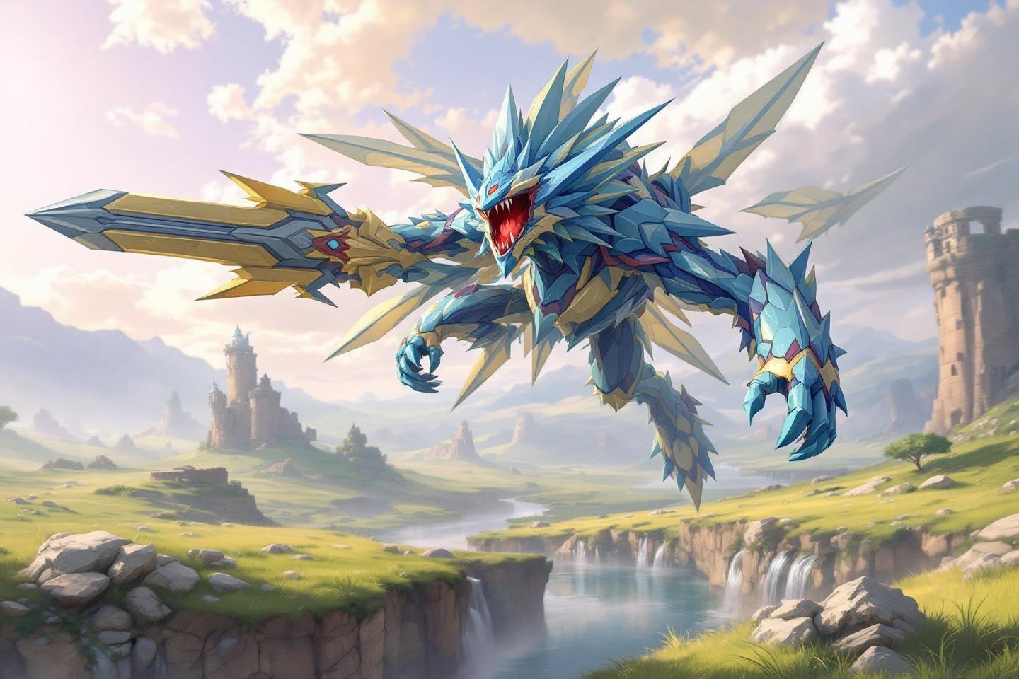 Dragon géométrique bleu et or volant au-dessus d'un paysage verdoyant