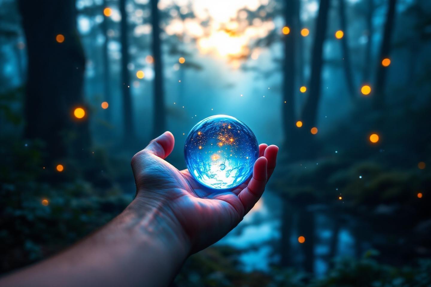 Main tenant une sphère lumineuse dans une forêt mystérieuse