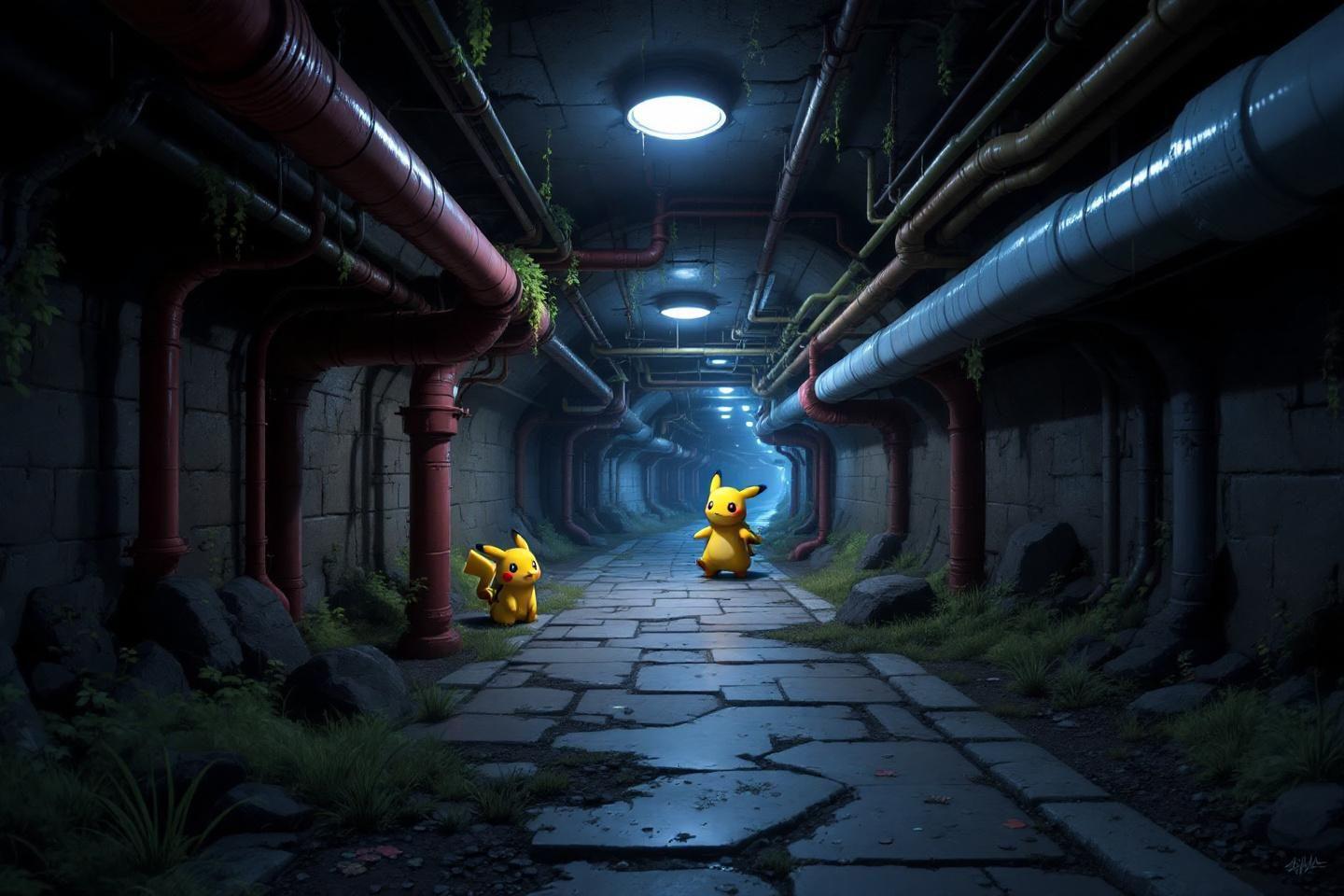 Deux Pikachu dans un couloir sombre et délabré avec des tuyaux