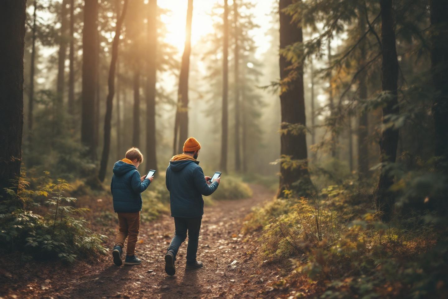 Deux personnes marchant sur un sentier forestier, regardant leurs téléphones