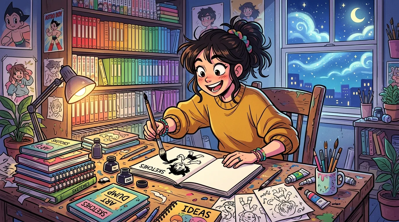 Jeune fille souriante dessine &agrave; son bureau la nuit