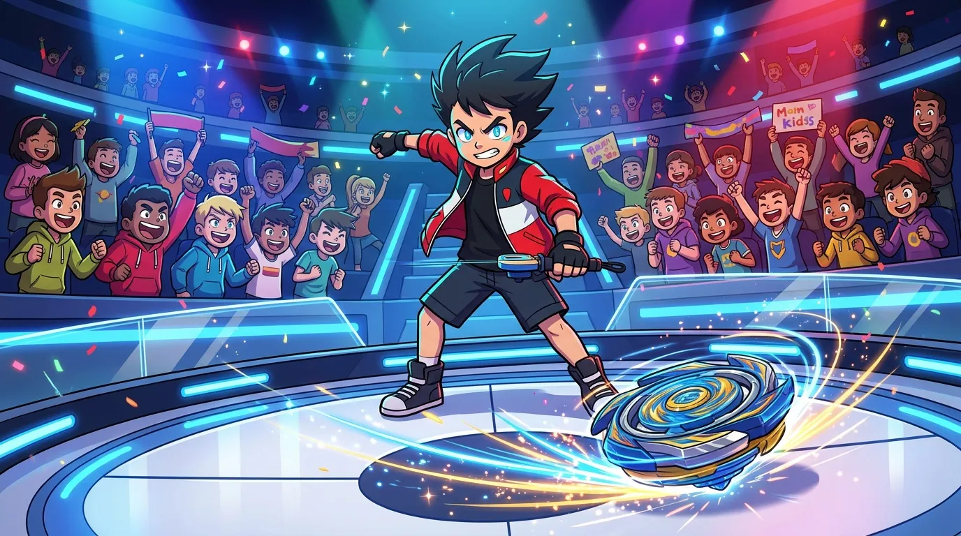 Jeune gar&ccedil;on battant avec toupie Beyblade devant foule enthousiaste