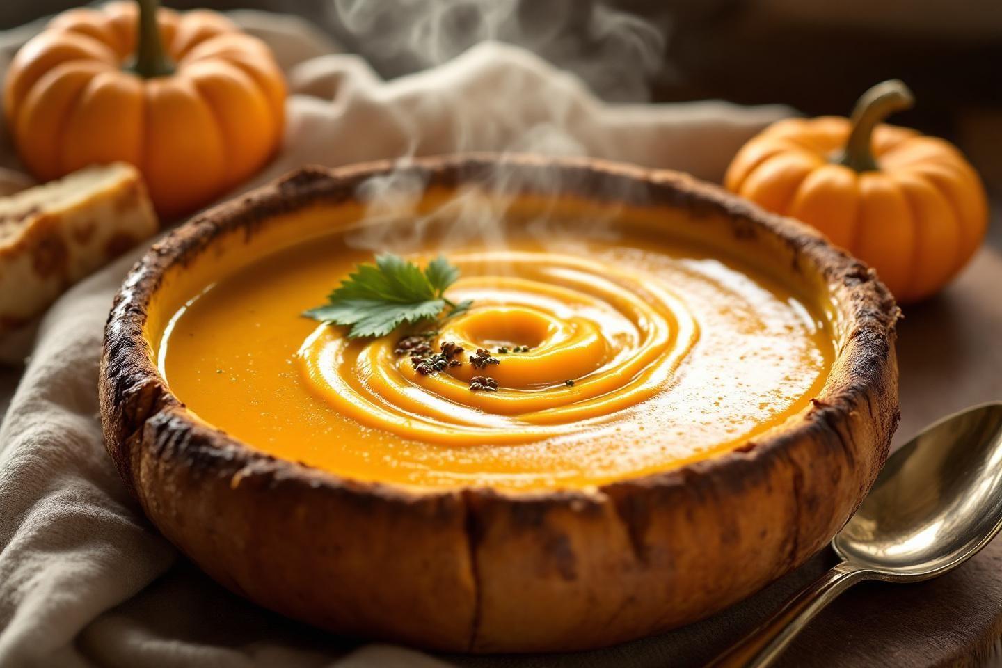 Soupe orange crémeuse dans un bol de potiron chaud