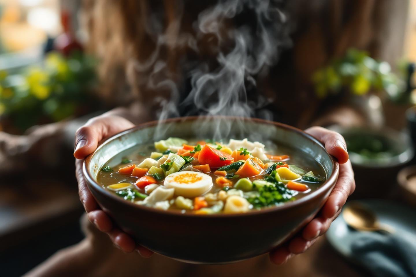 Bol de soupe colorée avec œuf, légumes et fumée