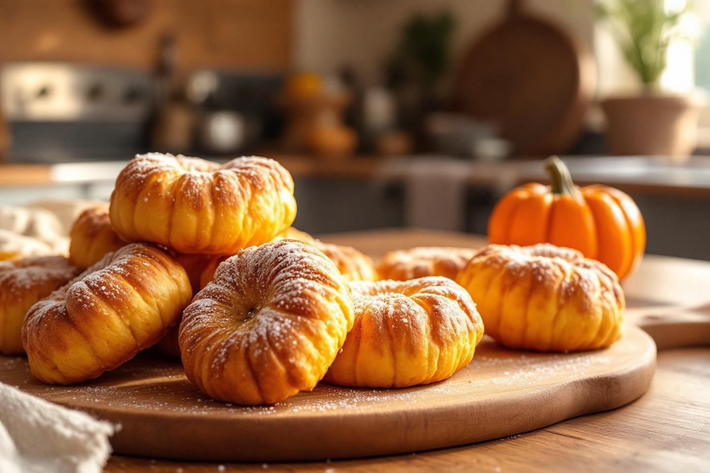 Pains dorés en forme de citrouille sur une planche en bois
