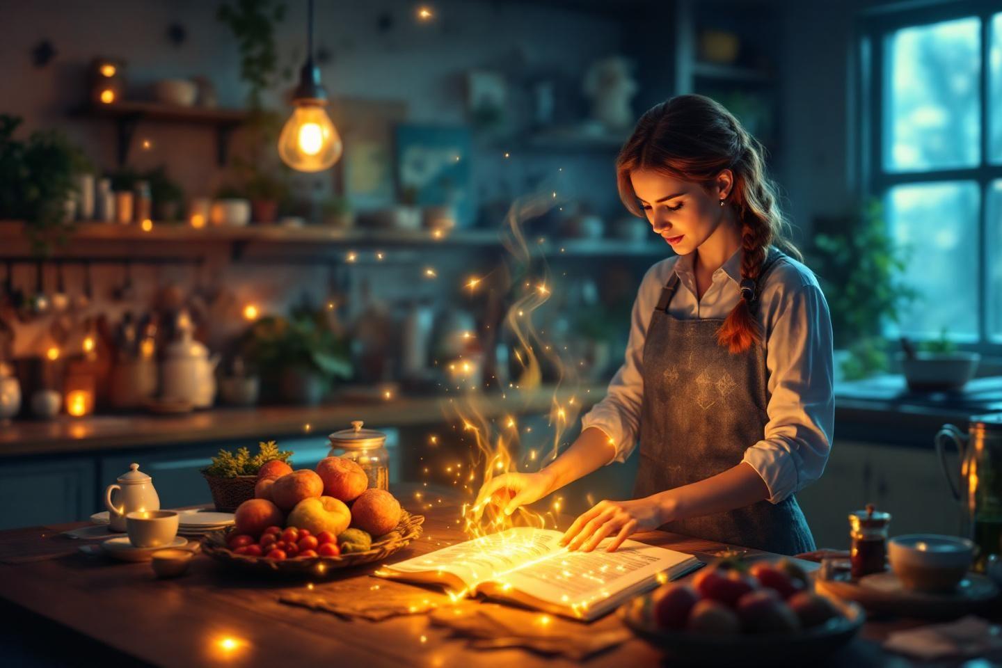 Femme en tablier cuisinant dans une cuisine féérique, lumière dorée