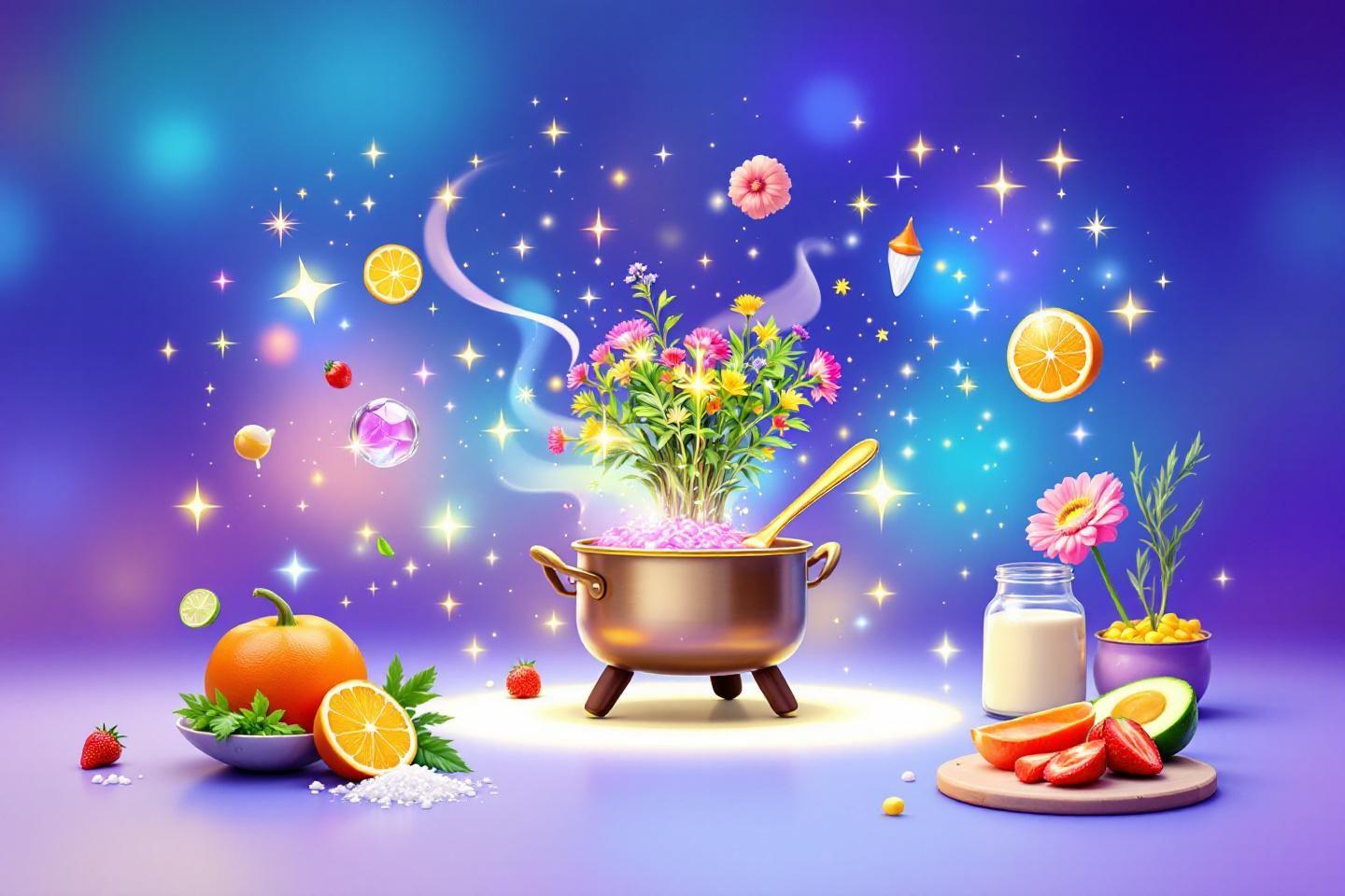 Pot magique entouré de fruits, fleurs et étoiles scintillantes