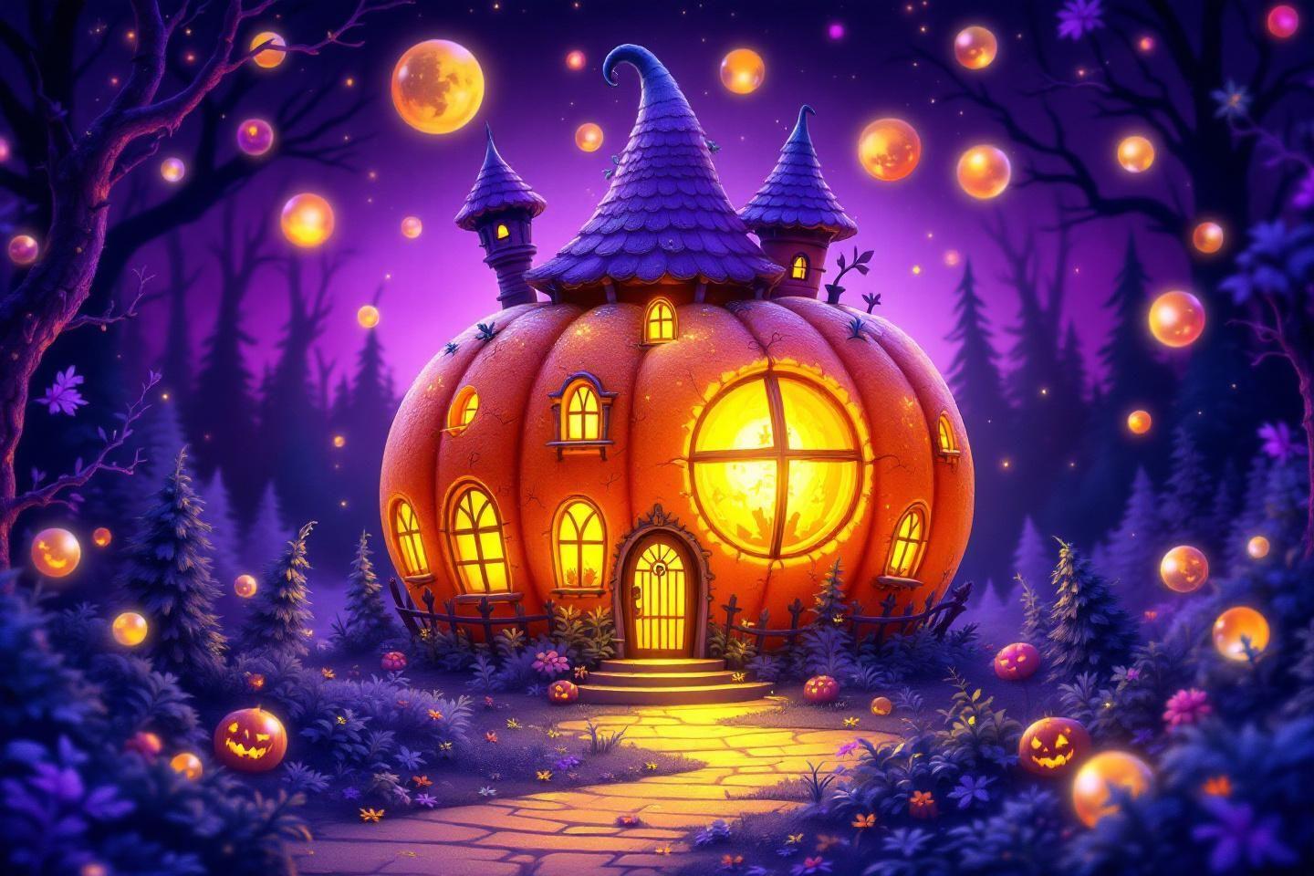 Maison de citrouille illuminée avec des tours dans une forêt enchantée