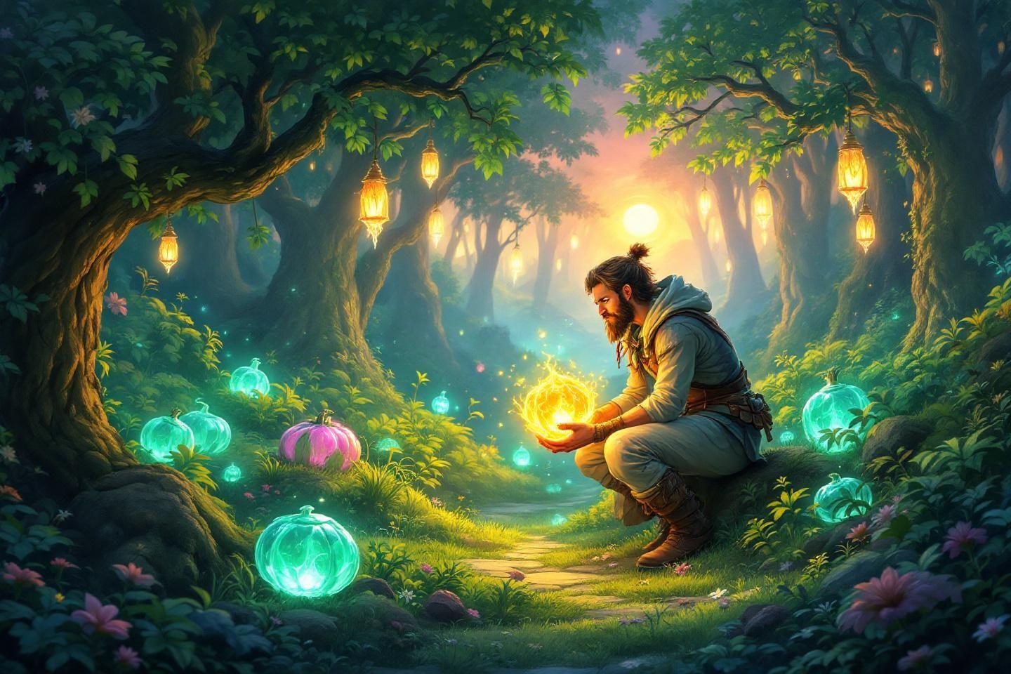 Homme dans une forêt magique avec des citrouilles lumineuses