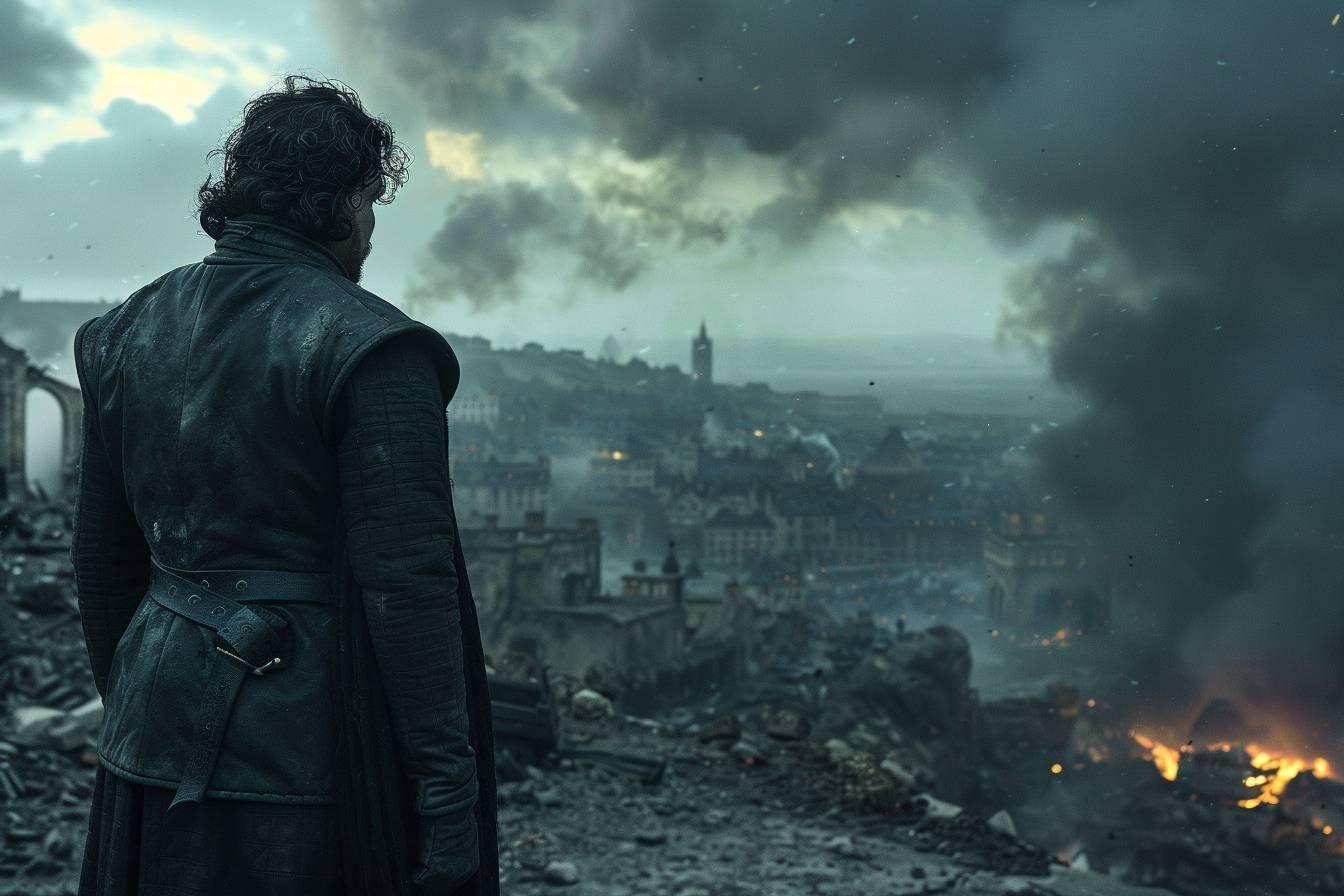 Homme en manteau sombre observant la ville en ruines sous un ciel orageux.