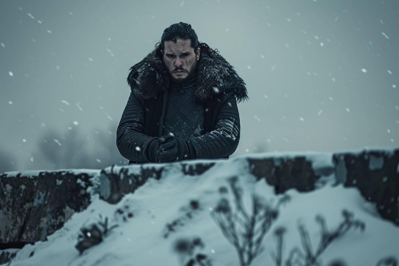 Un homme au visage sérieux et déterminé, vêtu d'un manteau chaud, marchant dans la neige