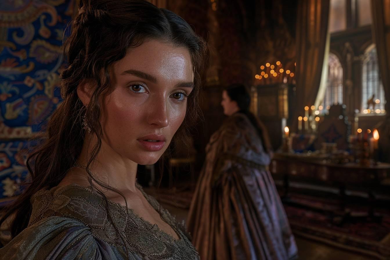 Gros plan sur le visage d'une femme aux traits d&eacute;licats et au regard intense.