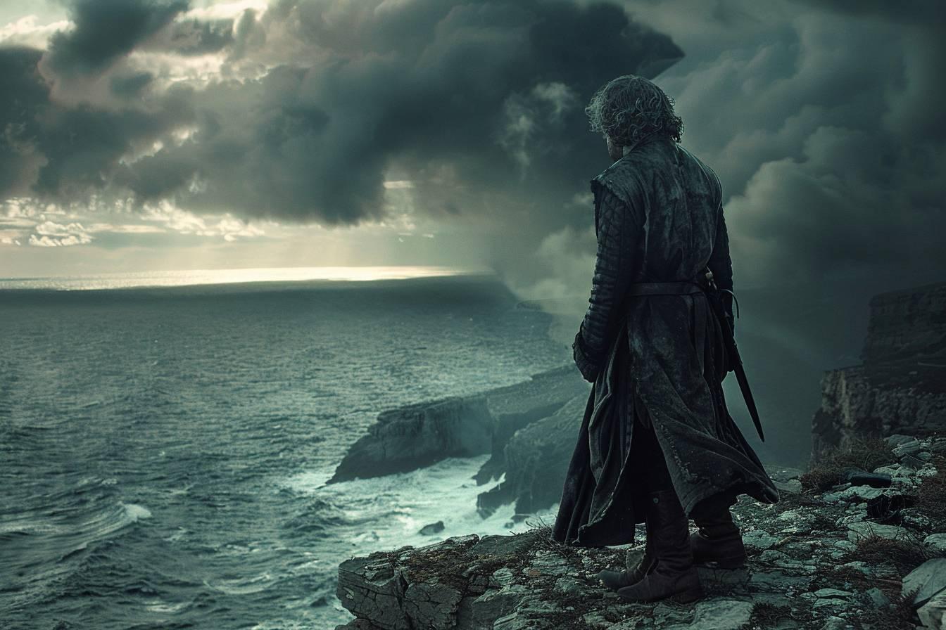 Personnage en manteau sombre regardant une mer d&eacute;cha&icirc;n&eacute;e sous un ciel orageux