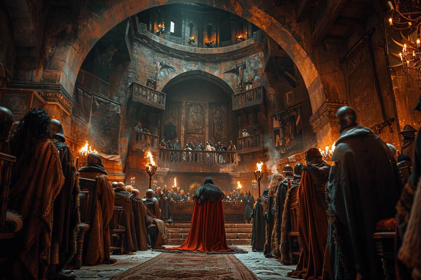 Int&eacute;rieur d'une cath&eacute;drale m&eacute;di&eacute;vale avec des personnages en robes rouges et sombres