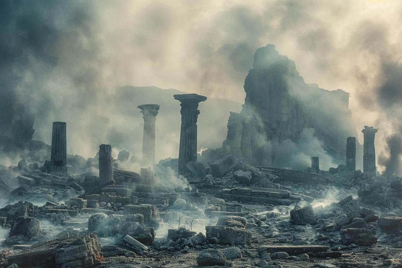 D&eacute;combres antiques entour&eacute;s de nuages sombres et myst&eacute;rieux
