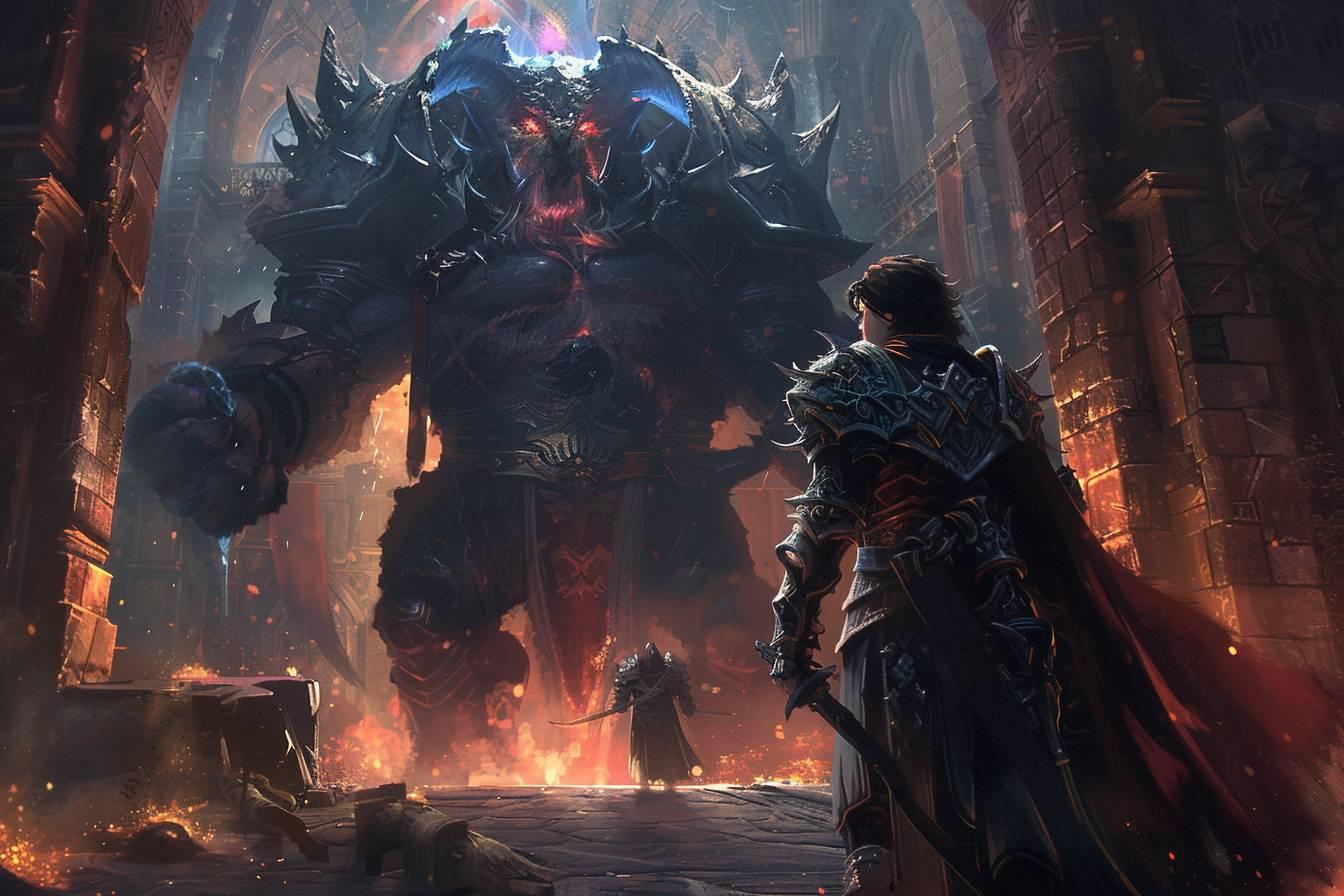 Un h&eacute;ros en armure combat un gigantesque monstre dans un d&eacute;cor apocalyptique.