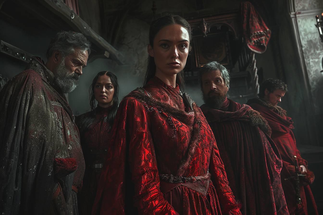 Groupe de personnages en tenues rouges et sombres, expression s&eacute;rieuse.