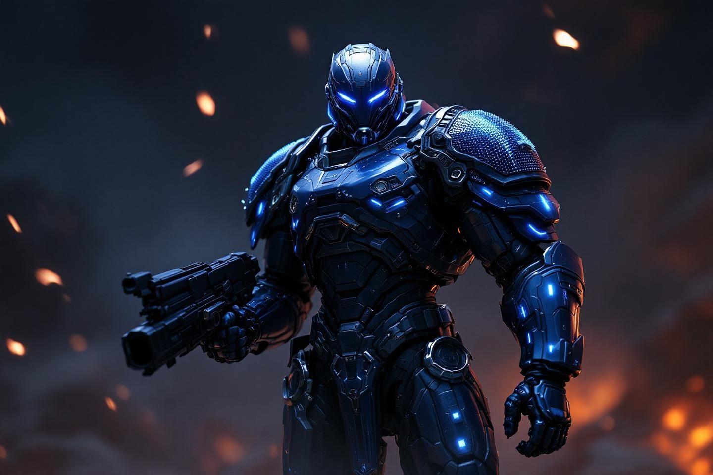 Robot de combat métallique bleu brillant dans un environnement sombre