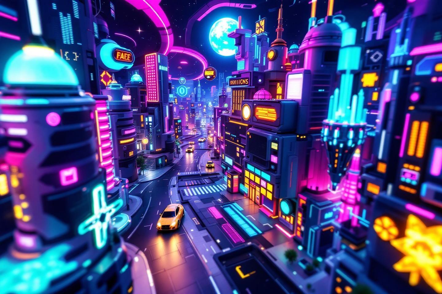 Rue néon vibrante avec gratte-ciels futuristes et voitures