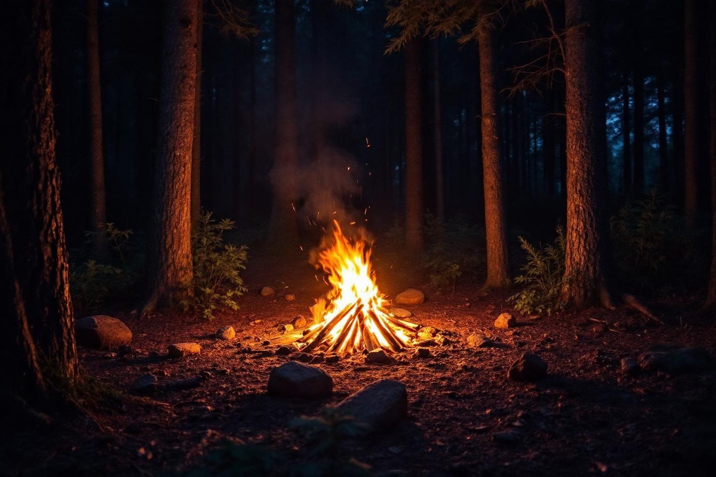 Flammes lumineuses entourées d'arbres sombres dans une clairière