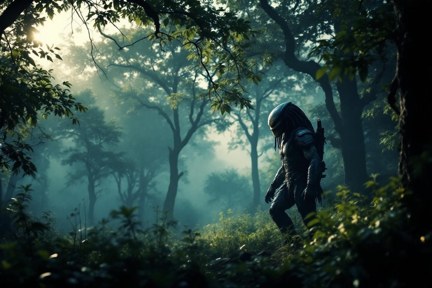 Silhouette menaçante dans une forêt mystérieuse aux tons verts