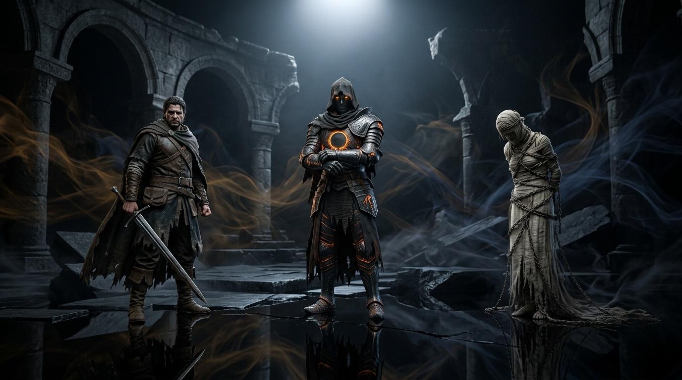 Trois personnages en armure dans ruines souterraines illuminées