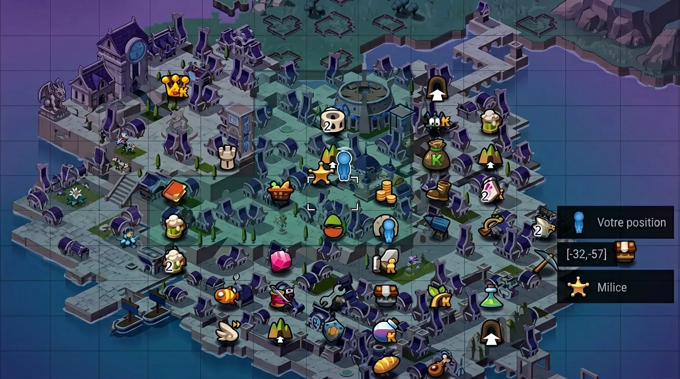 Vue isométrique d'une ville magique avec personnages et ressources