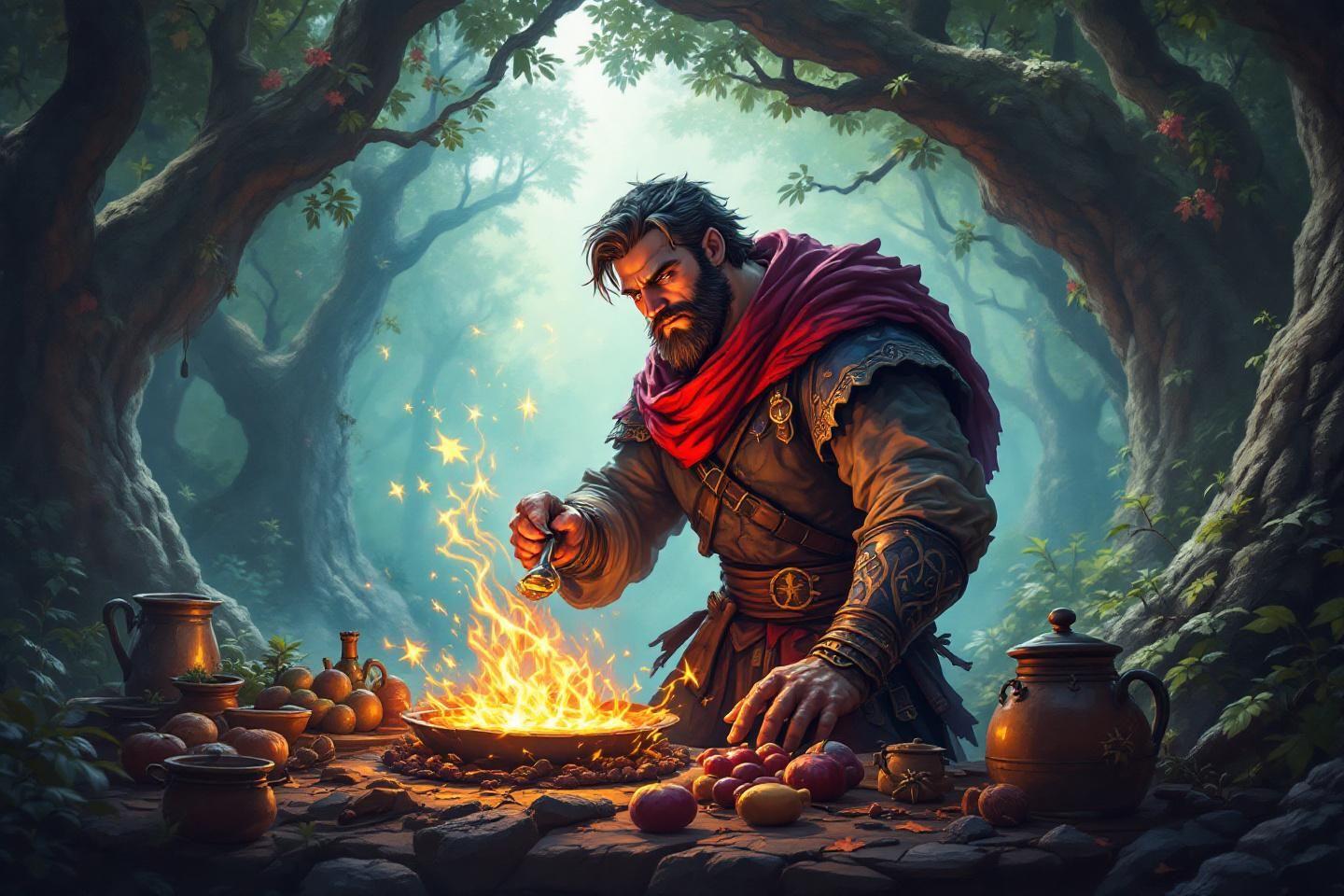 Homme barbu préparant une potion magique près d'un feu