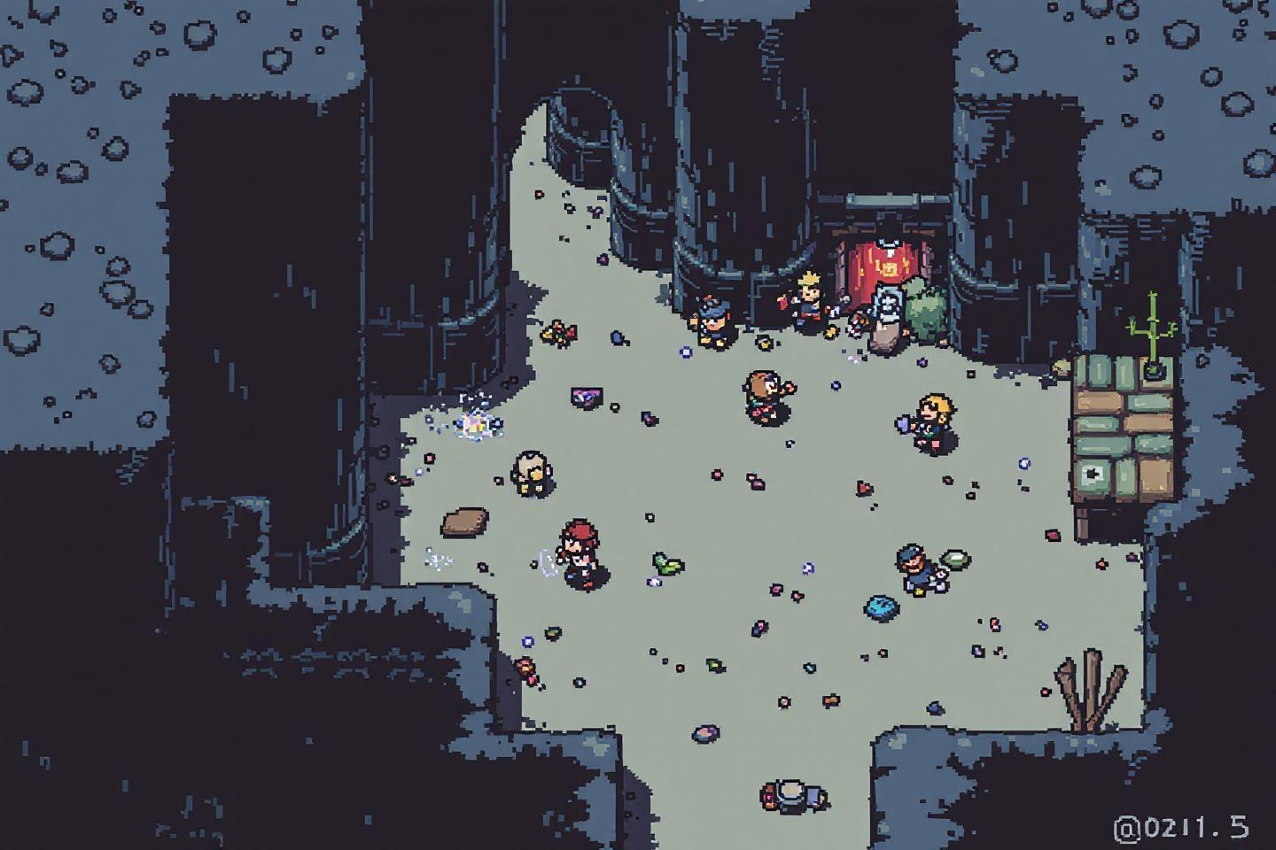 Personnages pixelisés dans une grotte sombre sous la neige