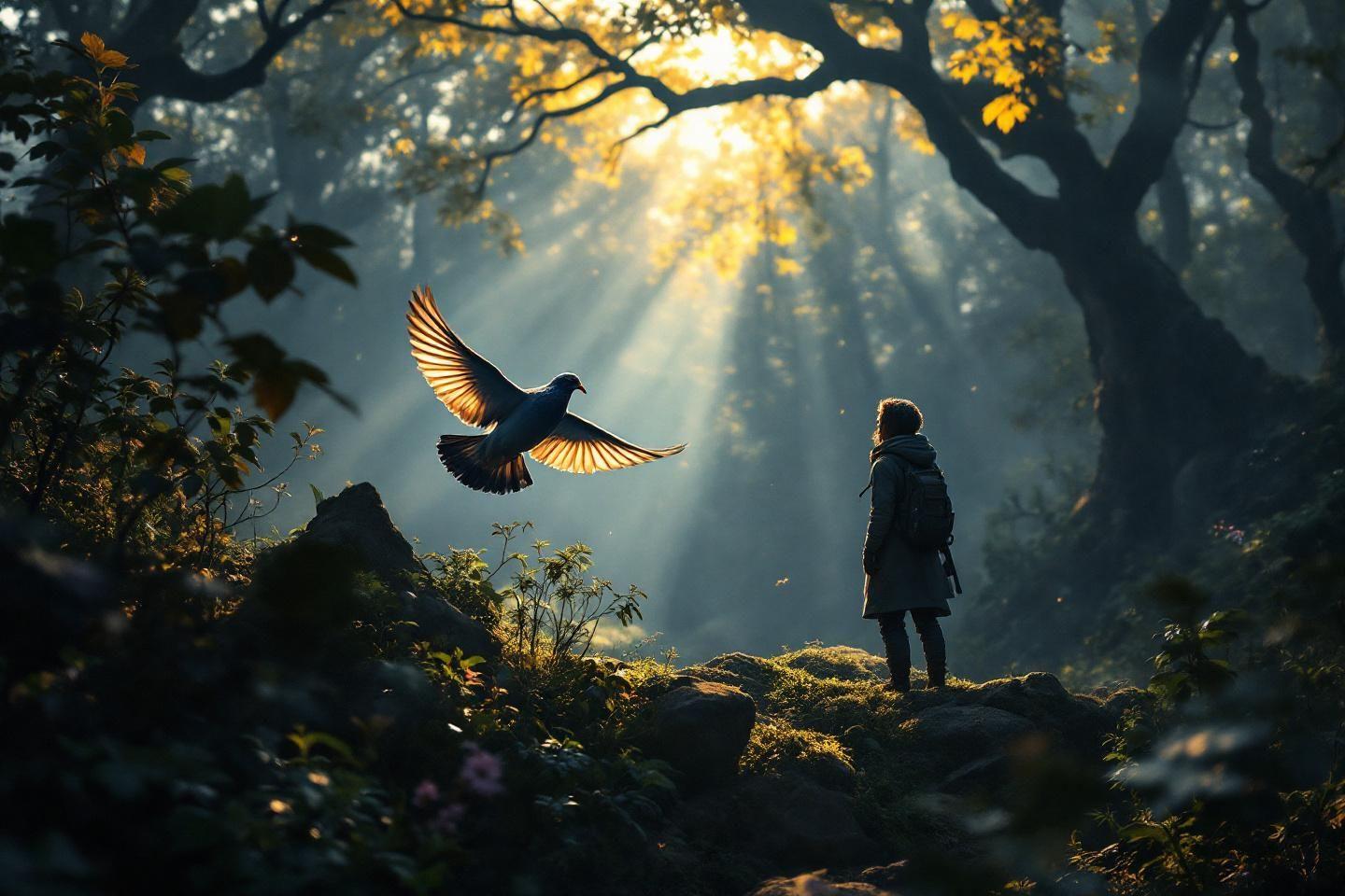 Silhouette et oiseau dans une forêt brumeuse aux rayons dorés