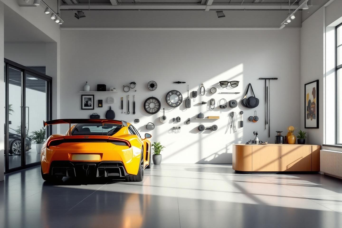 Voiture jaune sportive dans un intérieur épuré et design
