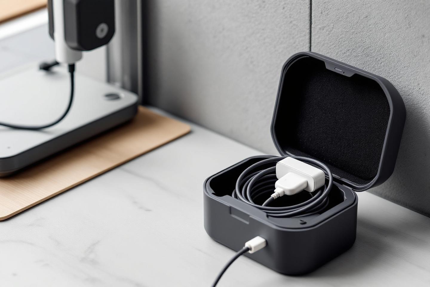 Boîte noire avec câble blanc et chargeur sur bureau gris