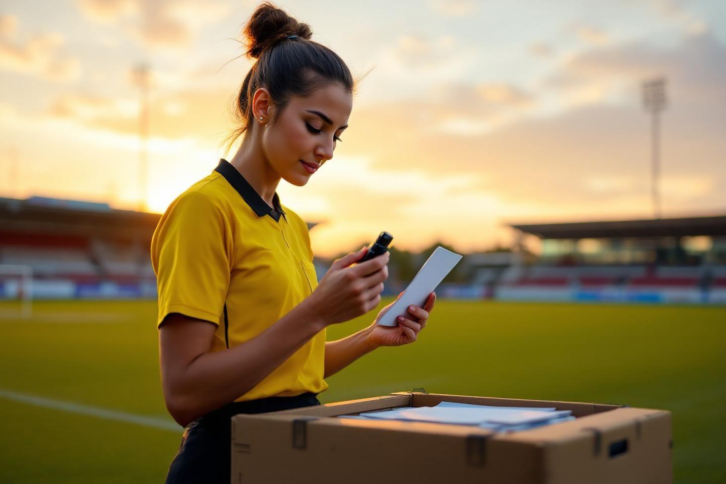 Femme en jaune au stade, consultant des papiers et un appareil
