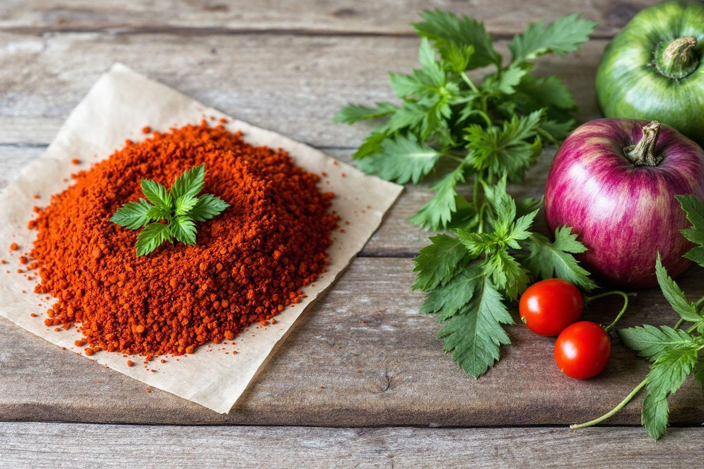 Poudre rouge, oignon, tomates cerises et persil sur bois