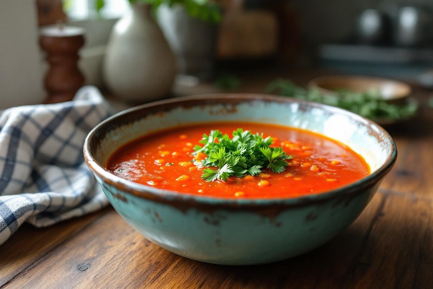 Bol bleu de soupe rouge surmontée de persil frais
