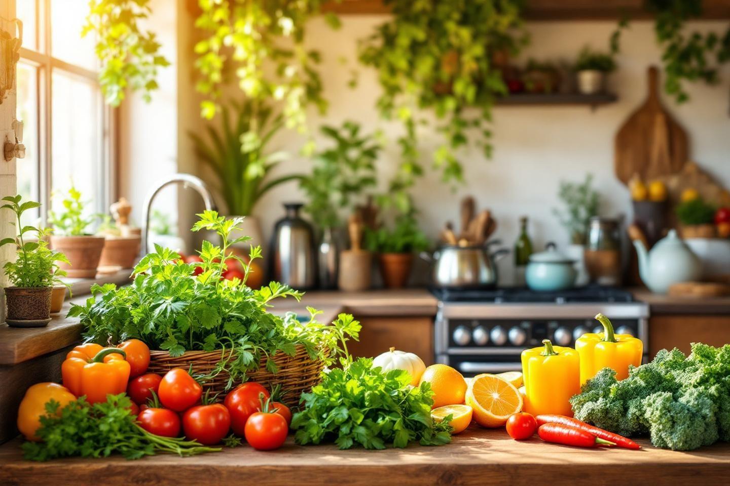 Étalage coloré de tomates, poivrons et légumes verts sur comptoir
