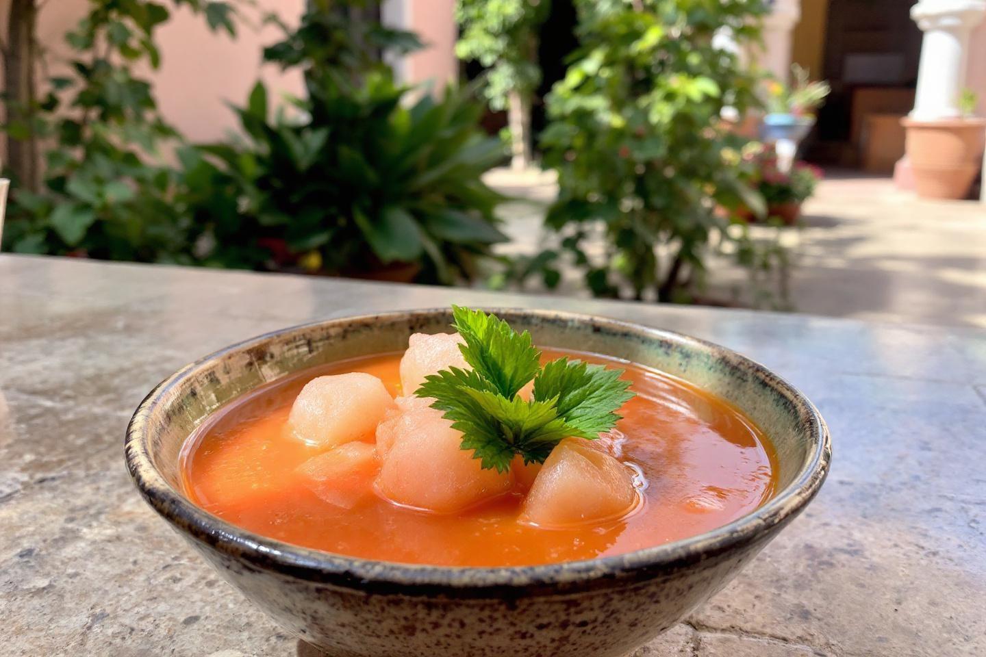 Bol de soupe orange avec des morceaux de poisson et persil