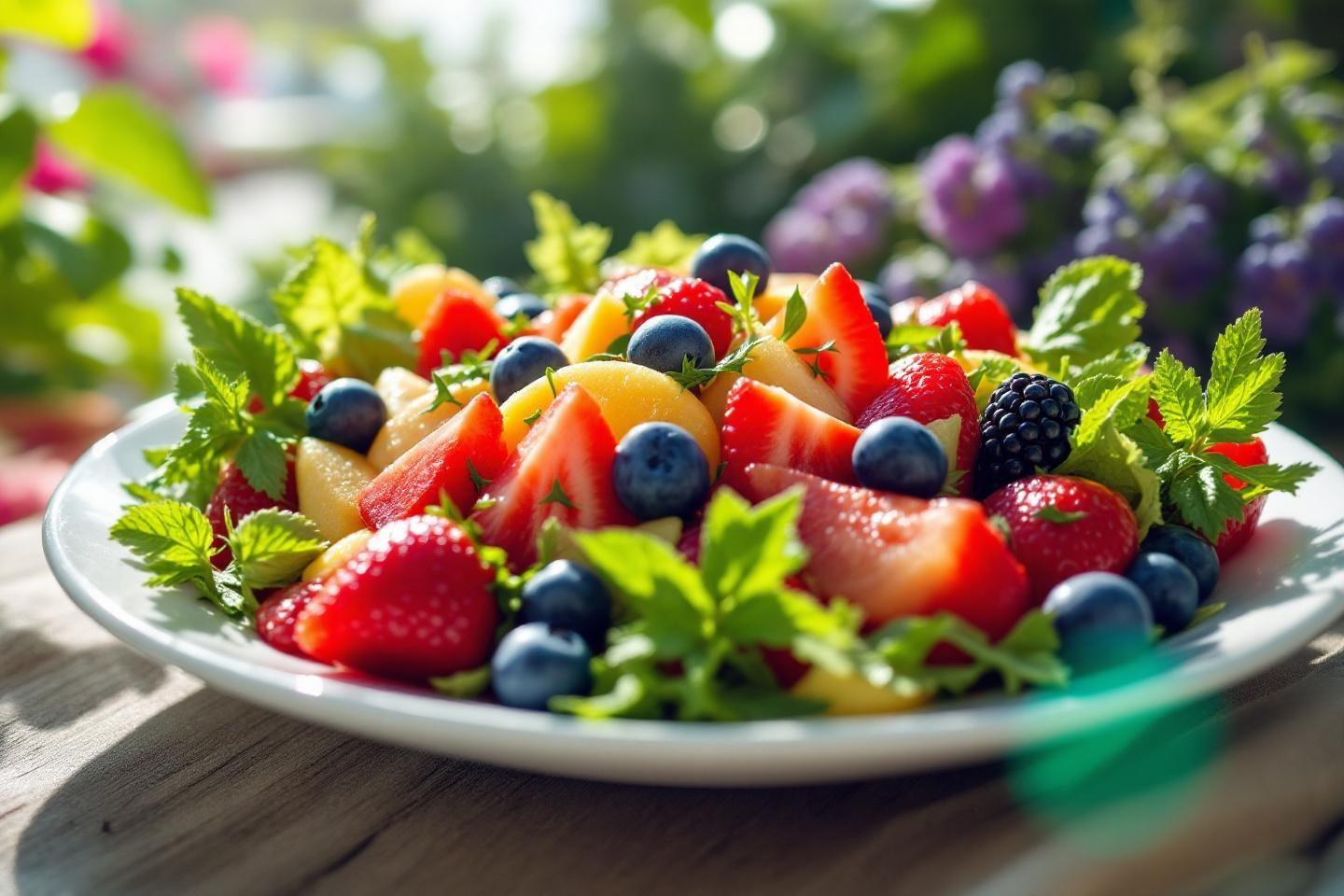 Assiette de fraises, myrtilles et menthe fra&icirc;che