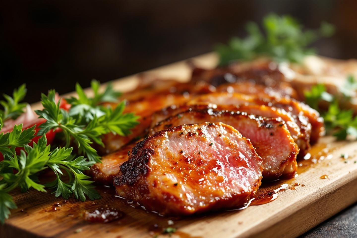 Viande tendre et juteuse servie sur planche en bois