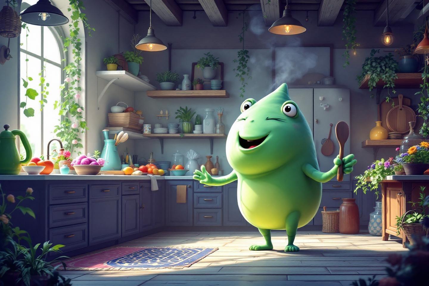 Personnage mignon vert dans cuisine ensoleillée avec plantes