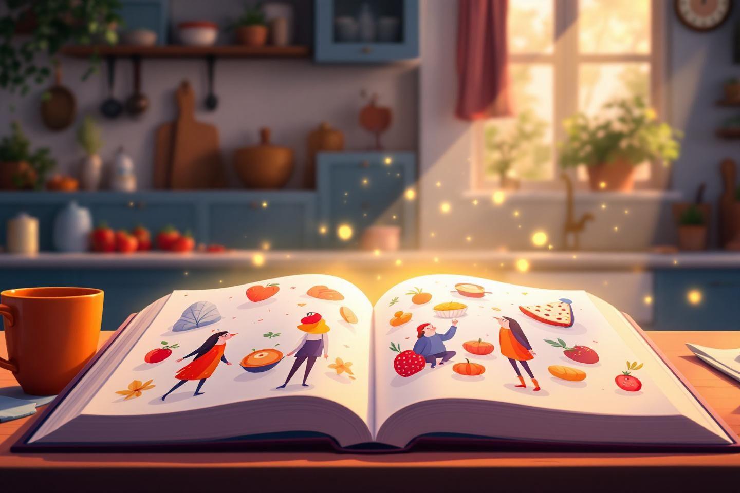 Livre ouvert avec personnages et fruits dans une cuisine lumineuse