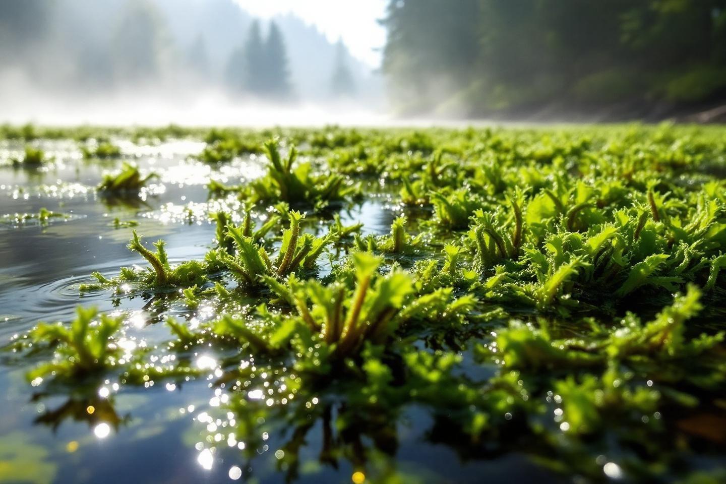 Plantes vertes flottant sur l'eau avec brume en arrière-plan