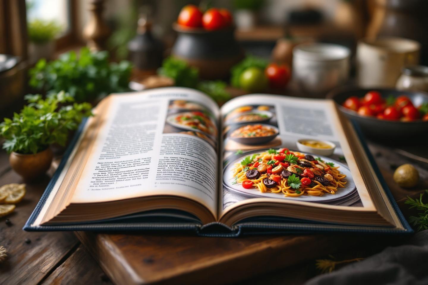 Livre ouvert avec recette de p&acirc;tes entour&eacute;e de tomates fra&icirc;ches