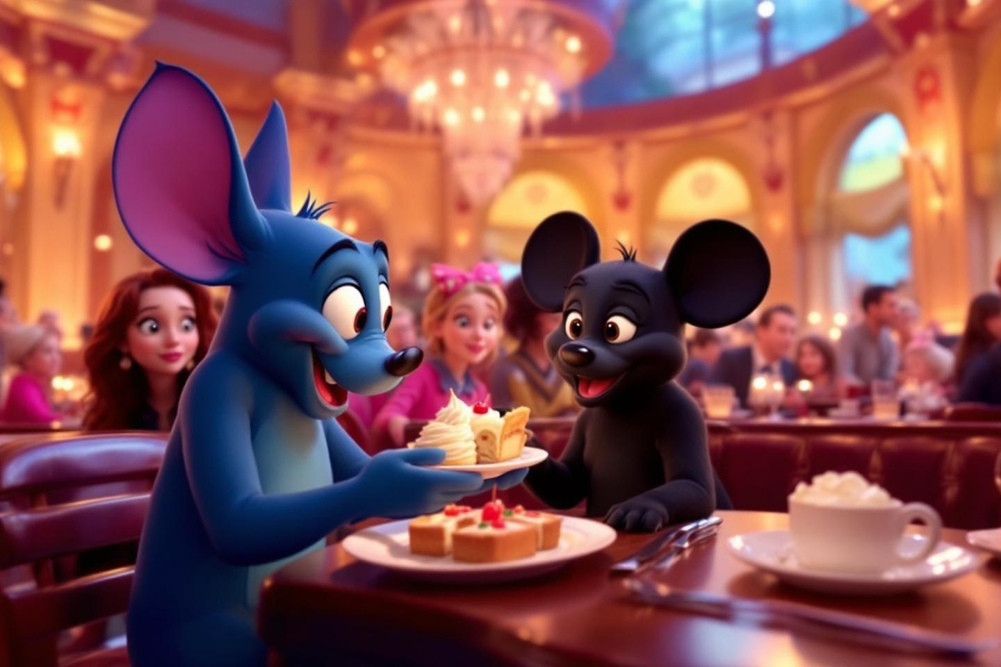 Deux personnages animaux cartoon mangeant ensemble dans un restaurant