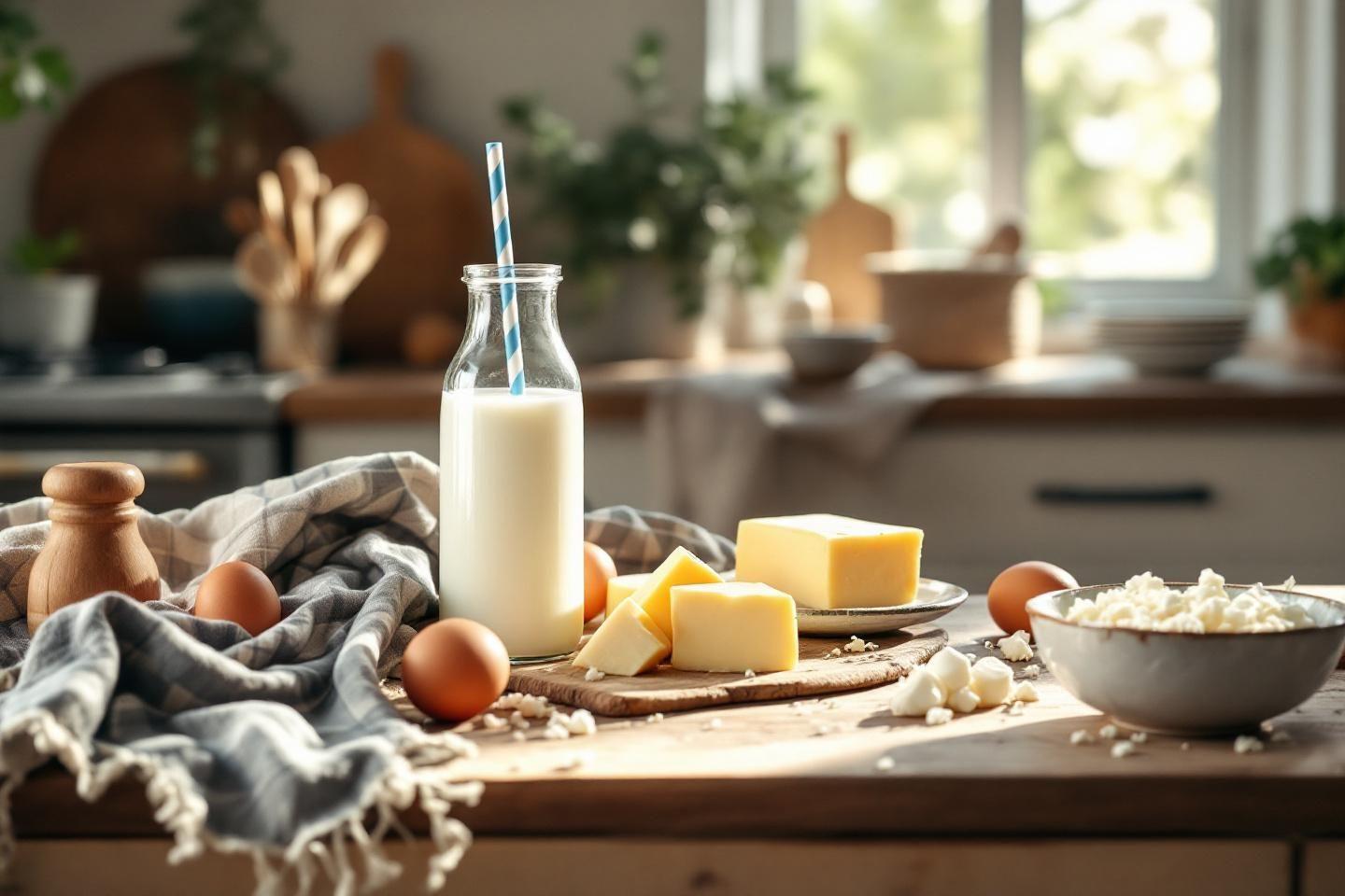 Table de cuisine avec lait, œufs, beurre et fromage blanc