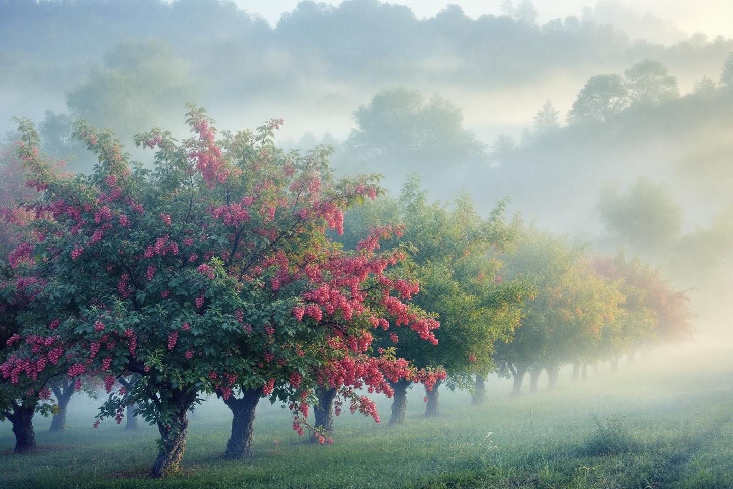 Rangée d'arbres aux feuilles rouges dans un paysage brumeux
