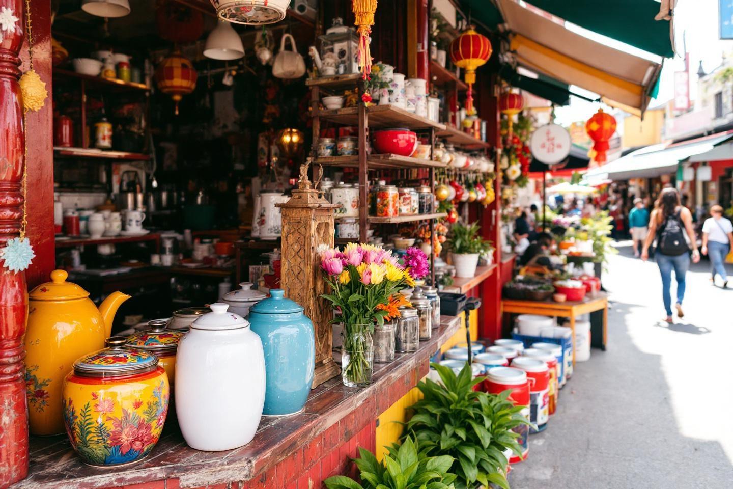 Poteries colorées et lanternes sur l'étal d'un marché