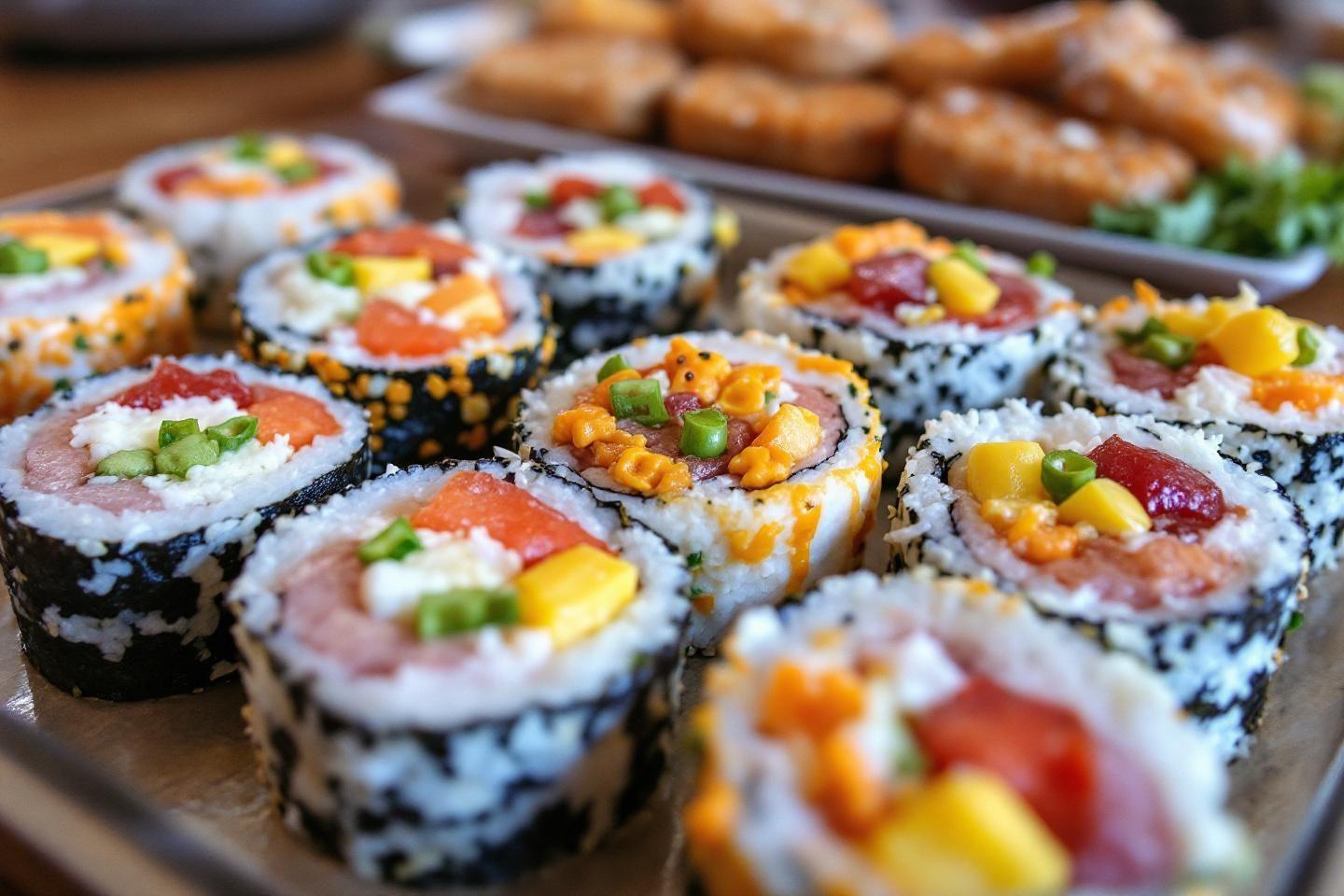 Rouleaux de sushis décorés avec maïs, tomates et légumes verts