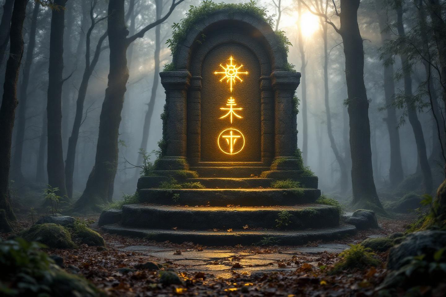 Monument archa&iuml;que lumineux au c&oelig;ur d'une for&ecirc;t brumeuse